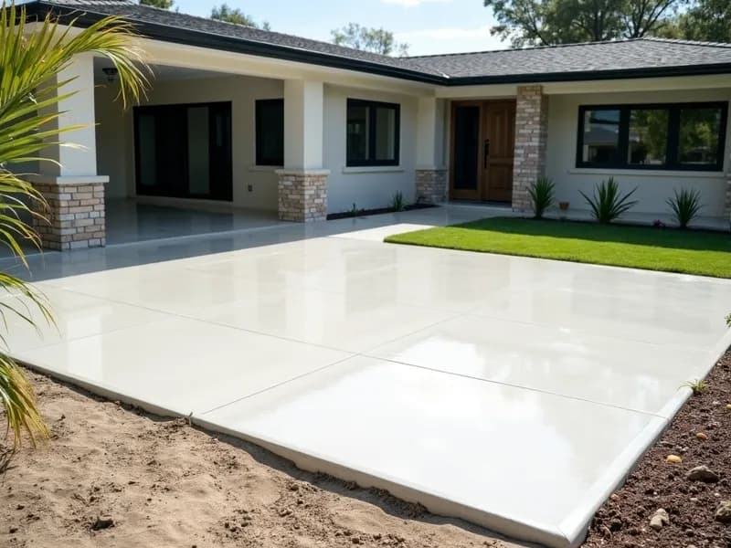 Freshly poured concrete slab with a clean broom finish
