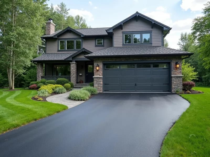 Freshly paved asphalt driveway leading to a home garage