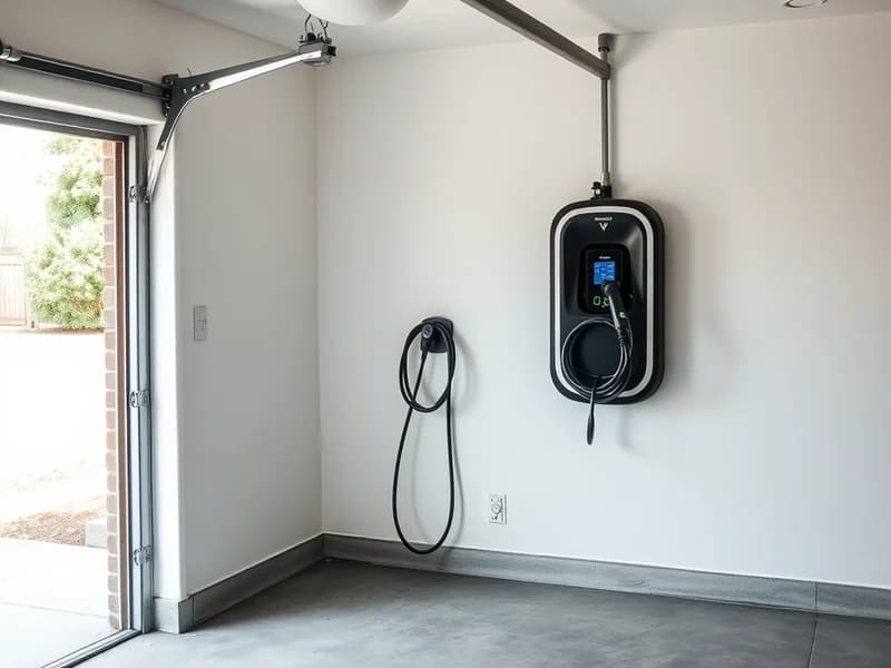 Wall-mounted residential EV charging station with coiled cable in a clean white-walled garage