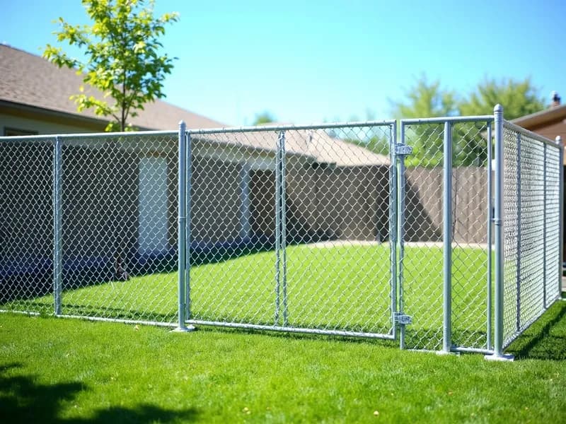 New galvanized chain link fence around a suburban backyard
