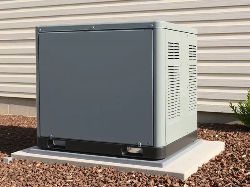 Standby home generator on a concrete pad beside beige vinyl siding with surrounding landscaping