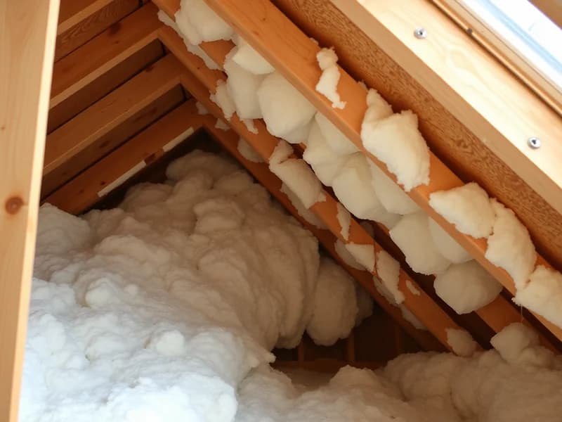 Blown-in white fiberglass insulation filling the space between wooden attic rafters