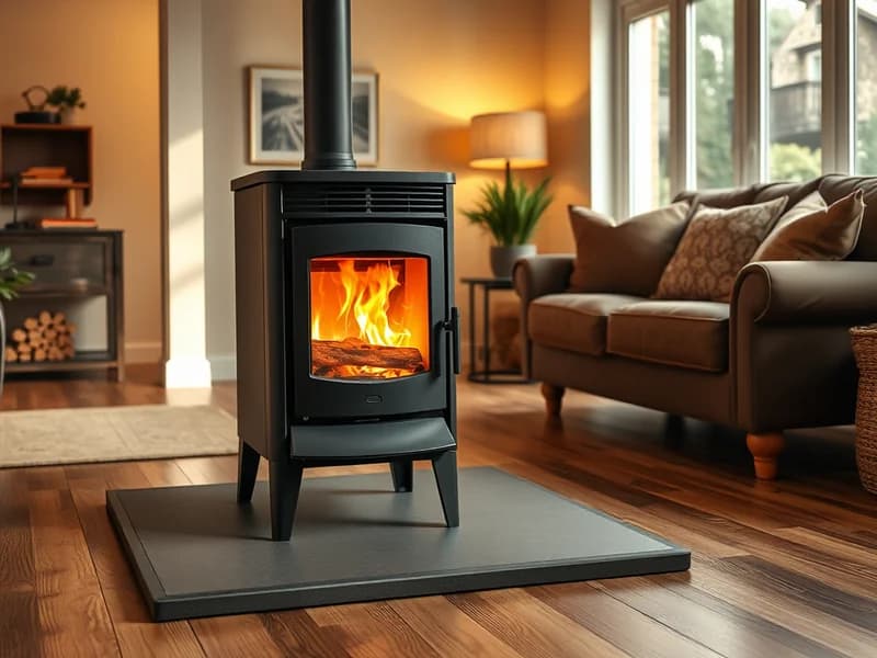 Modern freestanding black pellet stove with active flame on a slate hearth pad in a living room