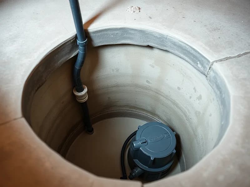 Submersible sump pump inside a concrete basement sump pit with a black discharge pipe