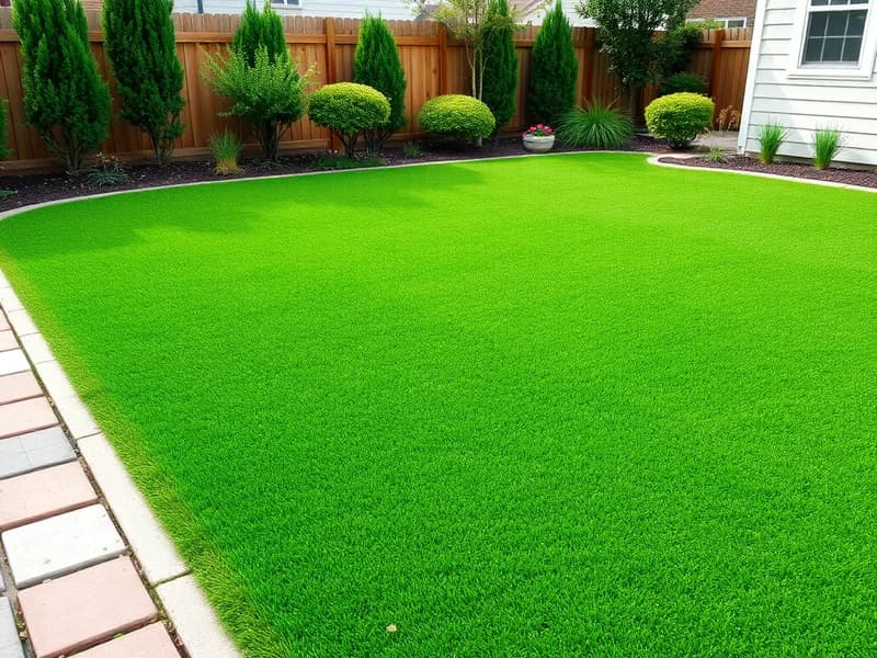 Vibrant artificial grass lawn in a residential backyard with paver edging and trimmed hedges