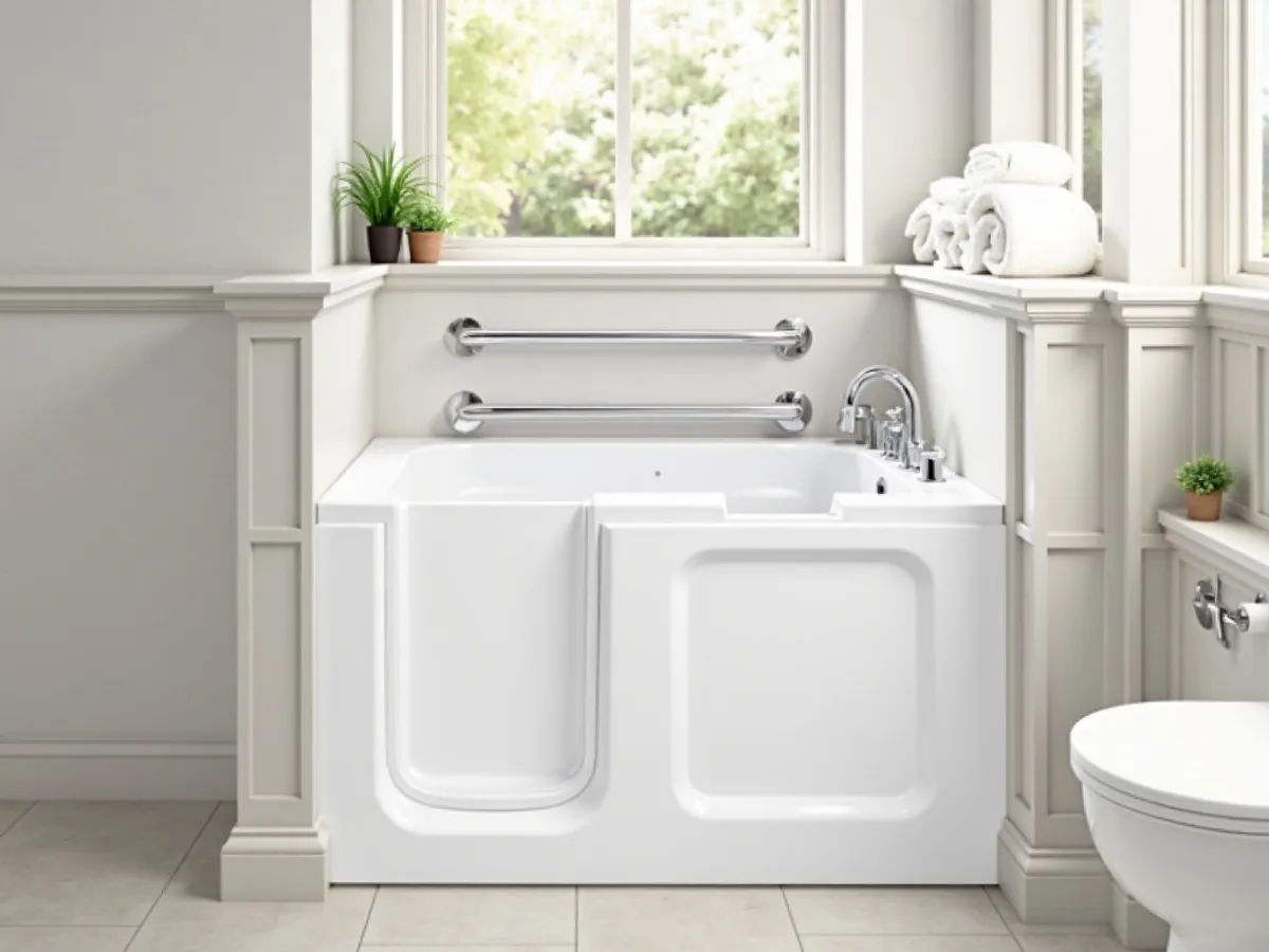 Modern white acrylic walk-in bathtub with a watertight door, seat, and grab bars in a bright bathroom