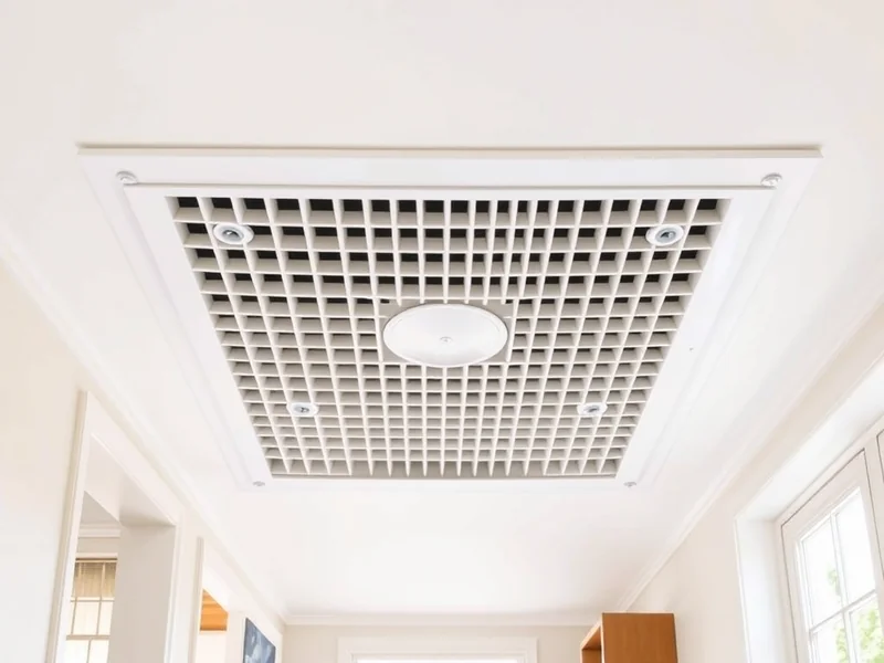 Large louvered whole-house fan grille mounted in a bright hallway ceiling