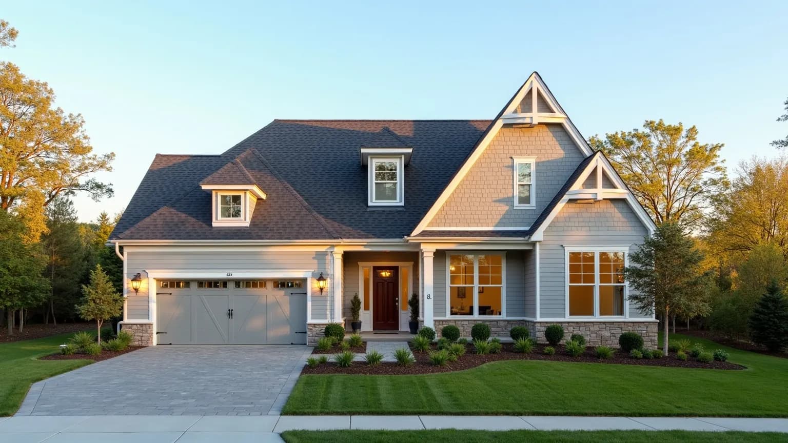 Freshly renovated suburban home exterior at golden hour